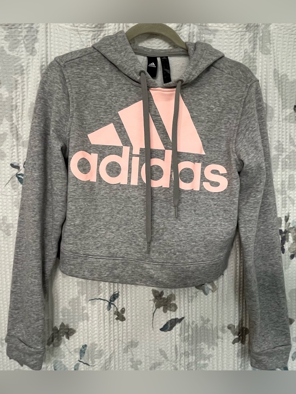 adidas Gray Cropped Hoodie with Light Pink Logo. Women’s size medium